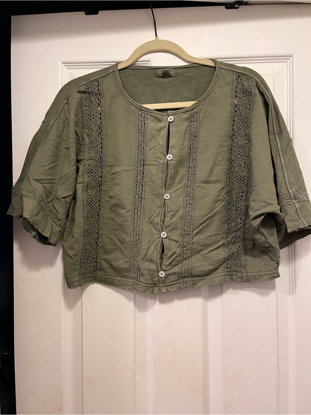 Aerie Cropped Olive Green Crochet-Panel Button Front Top